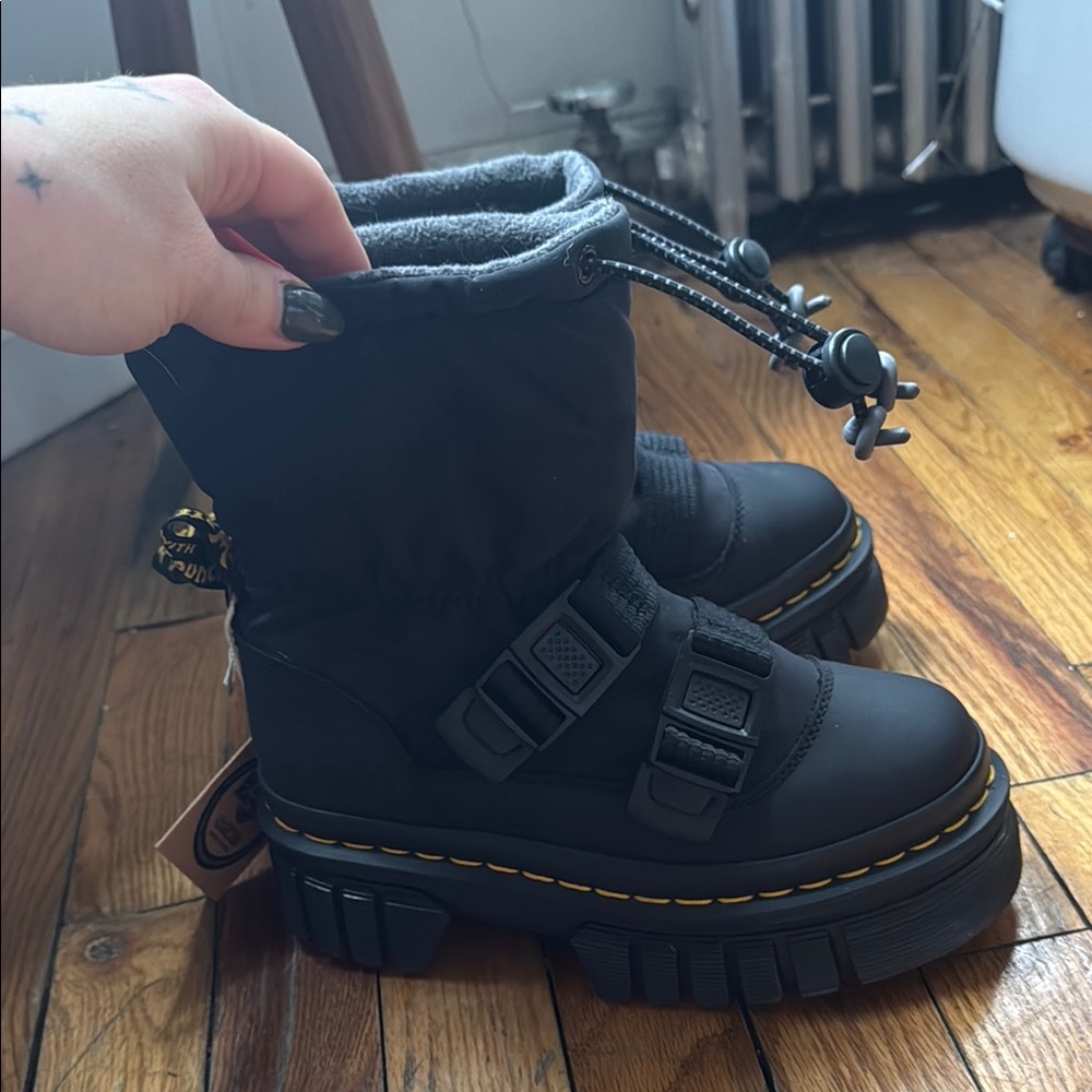 Dr Martens Audrick Lo Puffer Platform Black Winter Boots with Yellow Stitching